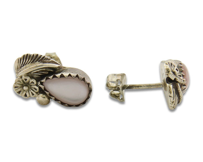 Navajo Earrings 925 Silver Handmade Natural Pink Mussel Native American Artist