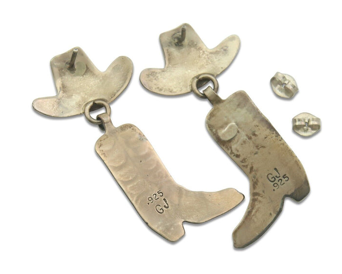 Navajo Earrings 925 Silver Hat & Boot Turquoise Native Artist Signed GJ C.80's