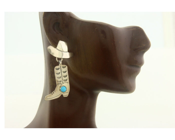 Navajo Earrings 925 Silver Hat & Boot Turquoise Native Artist Signed GJ C.80's