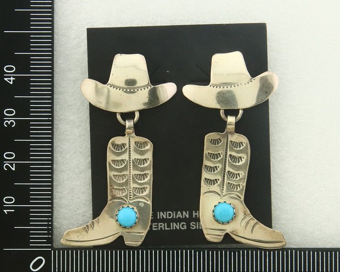 Navajo Earrings 925 Silver Hat & Boot Turquoise Native Artist Signed GJ C.80's