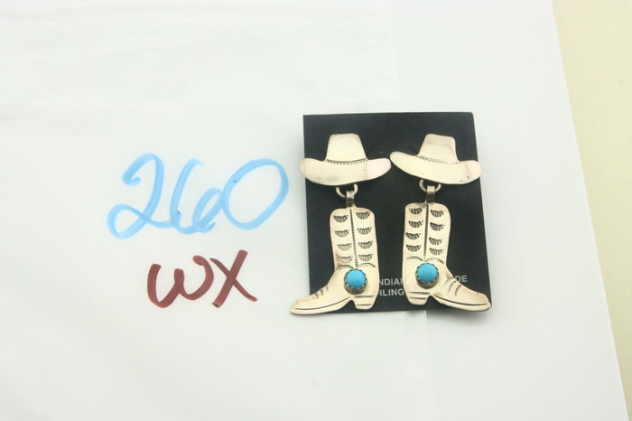Navajo Earrings 925 Silver Hat & Boot Turquoise Native Artist Signed GJ C.80's