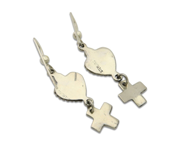 Navajo Earrings 925 Silver Heart Cross Natural Onyx Native American Artist C.80s