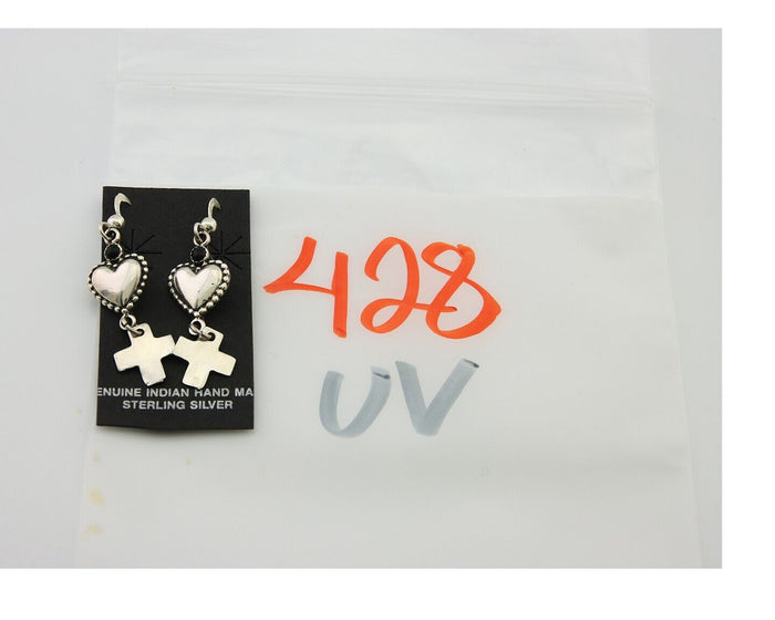 Navajo Earrings 925 Silver Heart Cross Natural Onyx Native American Artist C.80s