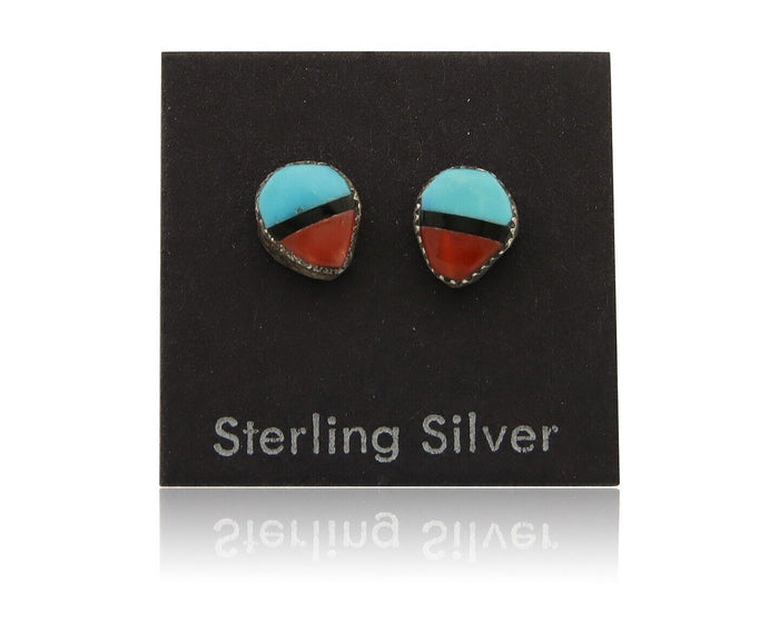 Navajo Earrings 925 Silver Inlaid Natural Onyx & Coral Native Artist C.80's