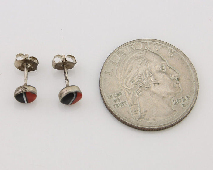 Navajo Earrings 925 Silver Inlaid Natural Onyx & Coral Native Artist C.80's