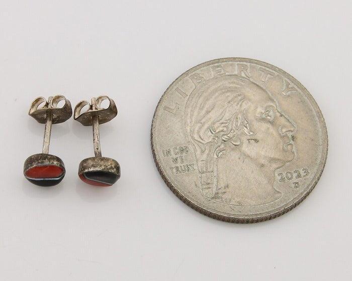 Navajo Earrings 925 Silver Inlaid Natural Onyx & Coral Native Artist C.80's