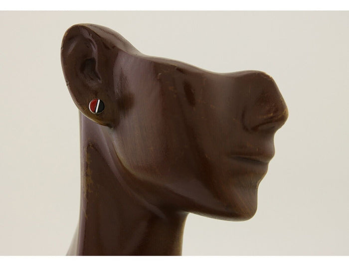 Navajo Earrings 925 Silver Inlaid Natural Onyx & Coral Native Artist C.80's