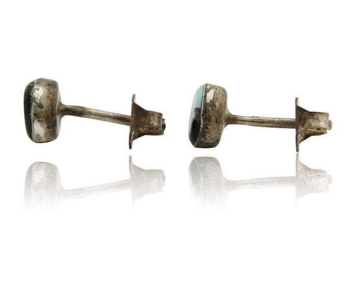 Navajo Earrings 925 Silver Inlaid Natural Onyx & Turquoise Native American C.80s