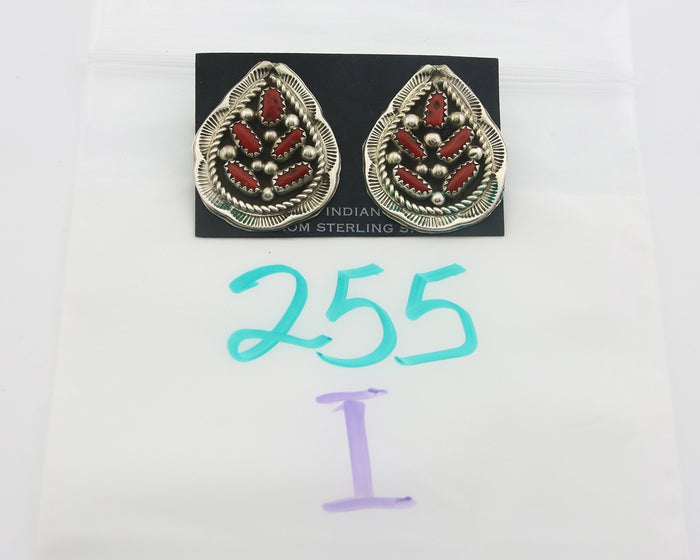 Navajo Earrings 925 Silver Natural Coral Native American Artist C.80's