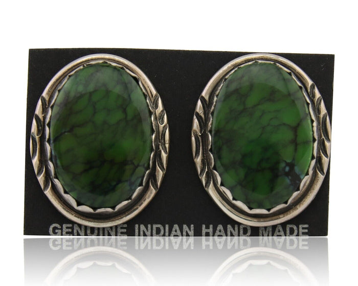 Navajo Earrings 925 Silver Natural Green Native American Artist C.80's