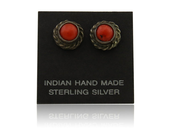 Navajo Earrings 925 Silver Natural Red Coral Native American Artist C.80's