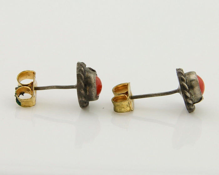 Navajo Earrings 925 Silver Natural Red Coral Native American Artist C.80's