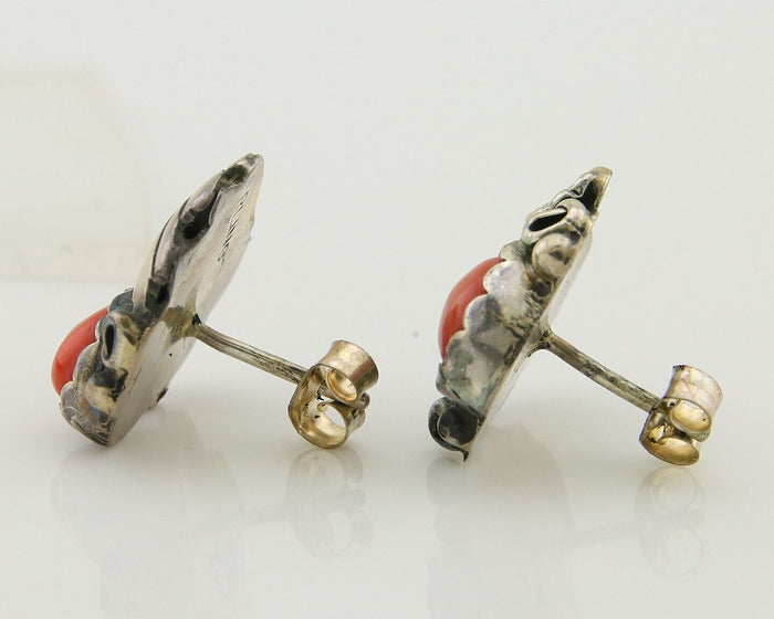 Navajo Earrings 925 Silver Natural Red Coral Native American Artist C.80's