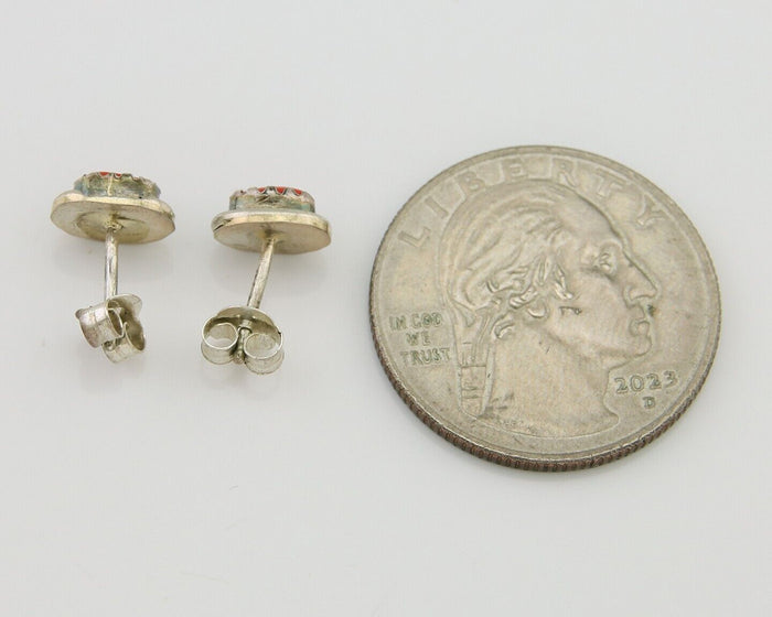 Navajo Earrings 925 Silver Natural Red Coral Native American Artist C.80's