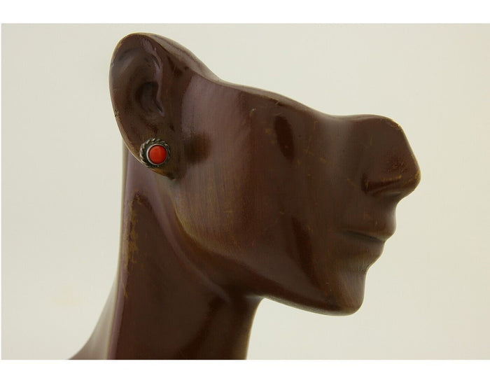 Navajo Earrings 925 Silver Natural Red Coral Native American Artist C.80's