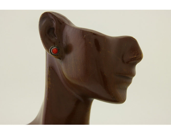 Navajo Earrings 925 Silver Natural Red Coral Native American Artist C.80's