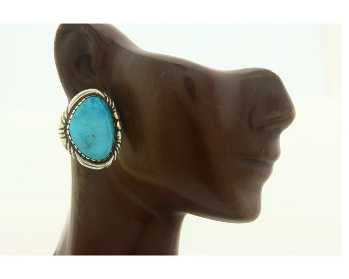 Navajo Earrings 925 Silver Natural Turquoise Artist Signed E Jackson C.80's