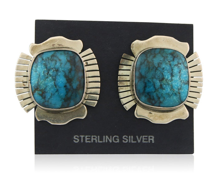 Navajo Earrings 925 Silver Natural Turquoise Artist Signed J Linkin C.80's