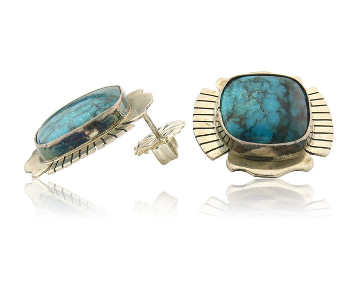 Navajo Earrings 925 Silver Natural Turquoise Artist Signed J Linkin C.80's