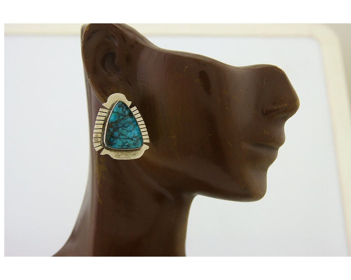 Navajo Earrings 925 Silver Natural Turquoise Artist Signed J Linkin C80s