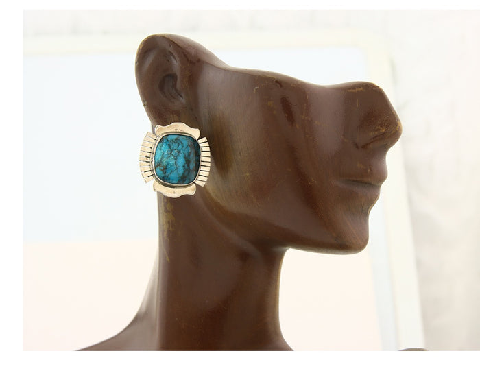 Navajo Earrings 925 Silver Natural Turquoise Artist Signed J Linkin C.80's