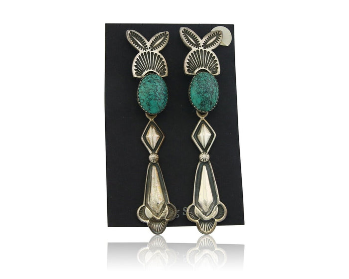 Navajo Earrings 925 Silver Natural Turquoise Artist Signed JR Silversmith C.80's