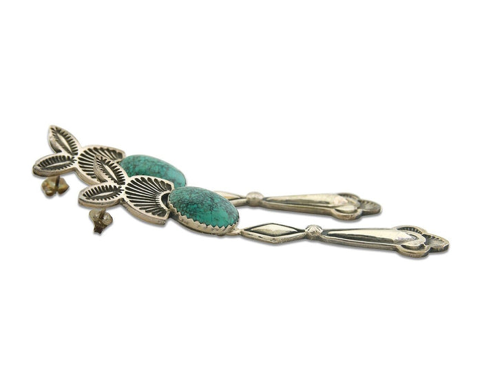 Navajo Earrings 925 Silver Natural Turquoise Artist Signed JR Silversmith C.80's