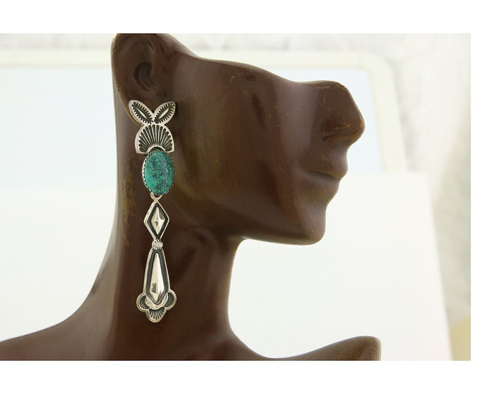 Navajo Earrings 925 Silver Natural Turquoise Artist Signed JR Silversmith C.80's