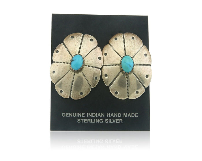 Navajo Earrings 925 Silver Natural Turquoise Artist Signed K. F. C.80's