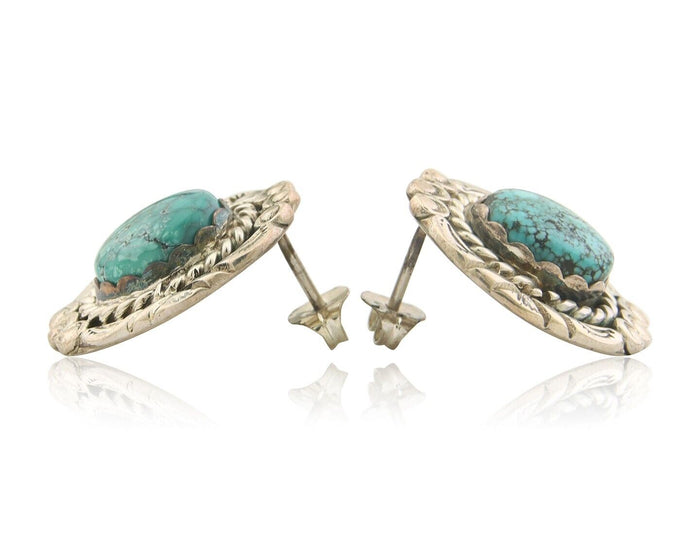 Navajo Earrings 925 Silver Natural Turquoise Artist Signed NE C.80's