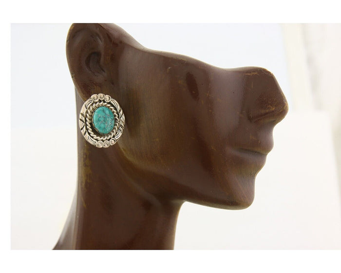 Navajo Earrings 925 Silver Natural Turquoise Artist Signed NE C.80's