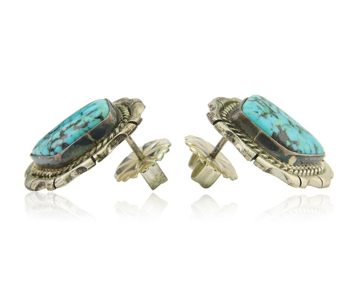 Navajo Earrings 925 Silver Natural Turquoise Artist Signed Sun West C80s