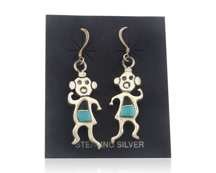 Navajo Earrings 925 Silver Natural Turquoise & Onyx Native American Artist C.80s
