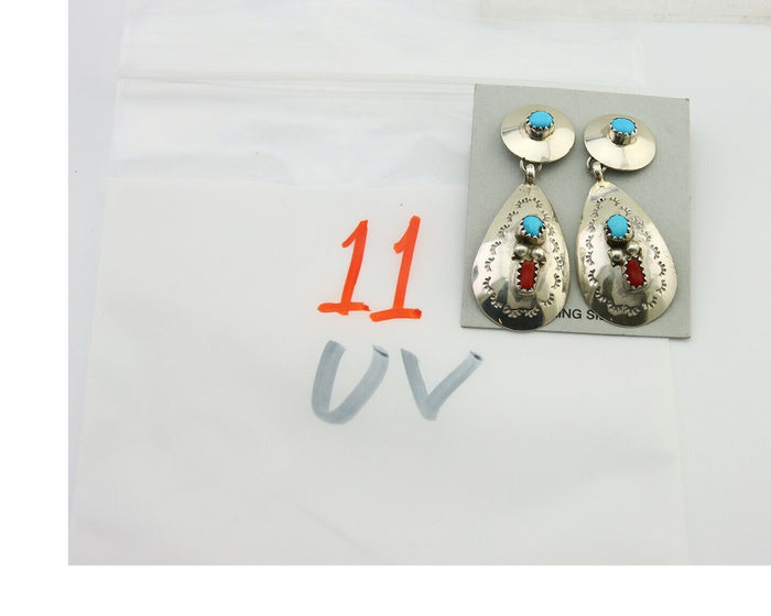Navajo Earrings 925 Silver Turquoise & Coral Artist Signed Leeann Lee C.80's