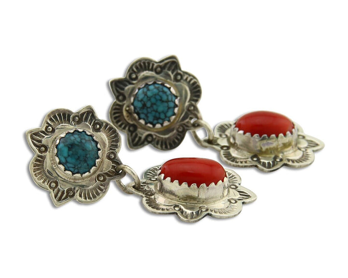 Navajo Earrings 925 Silver Turquoise & Coral Artist Signed Mary Ellen C.80's