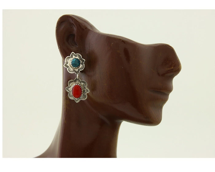 Navajo Earrings 925 Silver Turquoise & Coral Artist Signed Mary Ellen C.80's