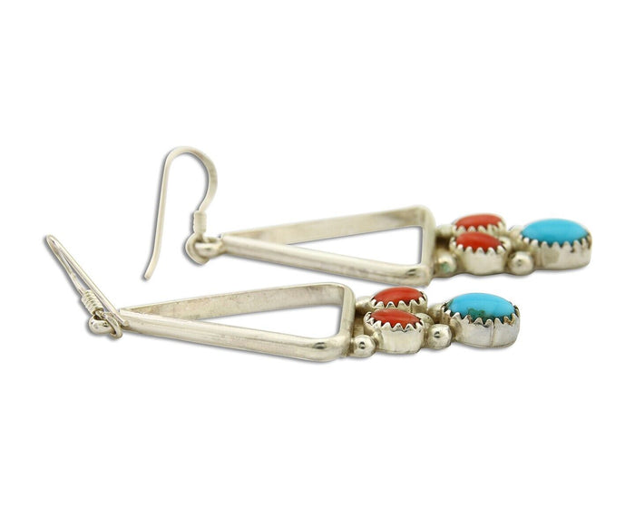 Navajo Earrings 925 Silver Turquoise & Coral Native American Artist C.80's
