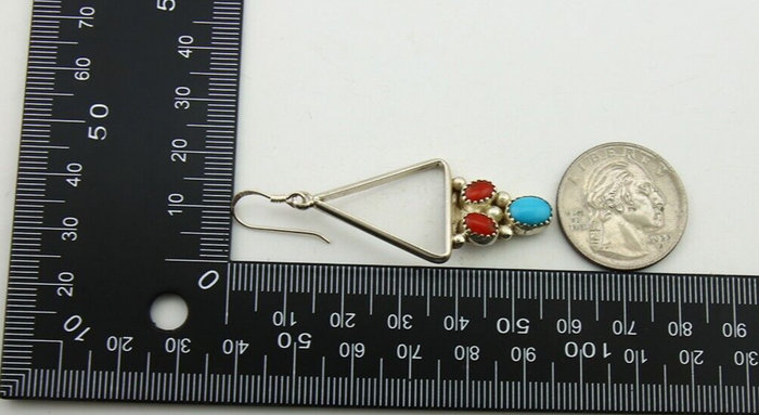 Navajo Earrings 925 Silver Turquoise & Coral Native American Artist C.80's
