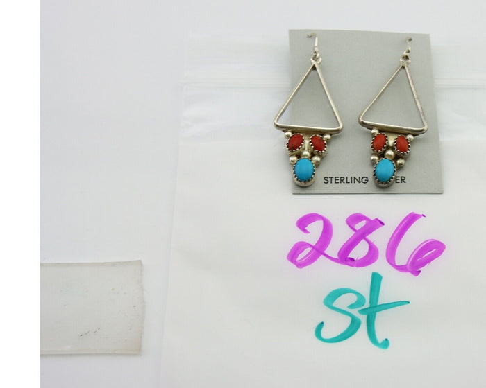 Navajo Earrings 925 Silver Turquoise & Coral Native American Artist C.80's