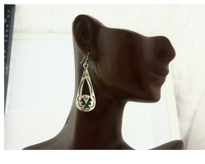 Navajo Earrings Sterling Silver Coral & Turquoise Vintage Dangle Handmade