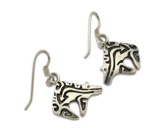 Navajo Earrings Sterling Silver Dangle Spirit Bear Authentic Signed Ervin Hoskie