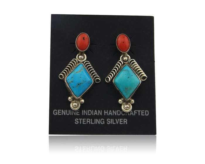 Navajo Earrings Sterling Silver Gemstone Vintage Handmade Signed Running Bear