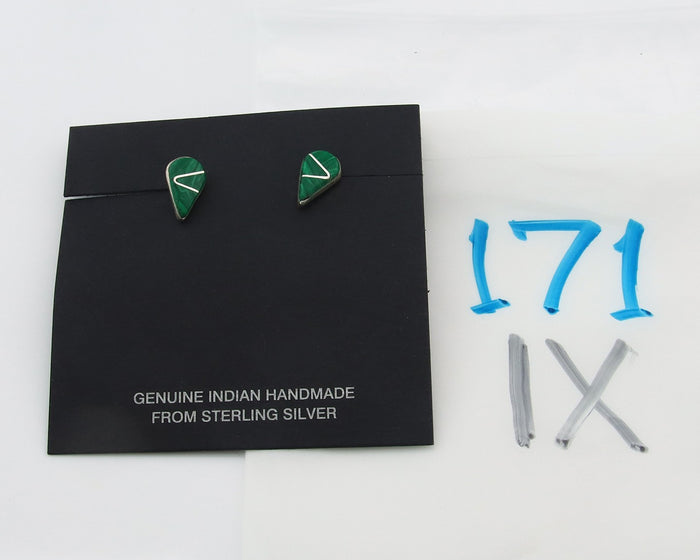 Navajo Earrings Sterling Silver Inlaid Natural Malachite Vintage Handmade