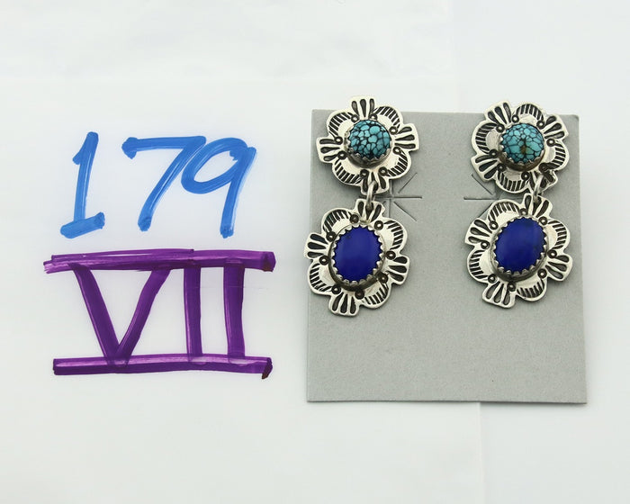 Navajo Earrings Sterling Silver Lapis & Truquoise Vintage Signed Mary Ellen
