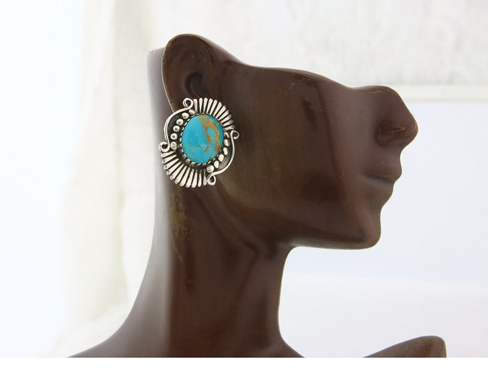 Navajo Earrings Sterling Silver Natural Turquoise Vintage Signed AM