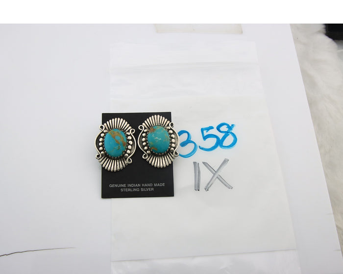 Navajo Earrings Sterling Silver Natural Turquoise Vintage Signed AM