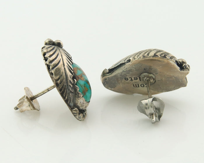Navajo Earrings Sterling Silver Natural Turquoise Vintage Signed Tom Willeto