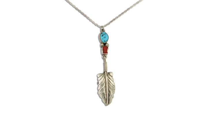 Navajo Feather Necklace 925 Silver Coral & Turquoise Signed M Montoya C.80's