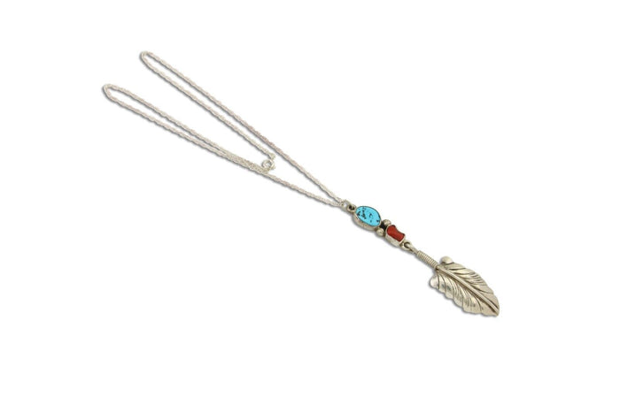 Navajo Feather Necklace 925 Silver Coral & Turquoise Signed M Montoya C.80's