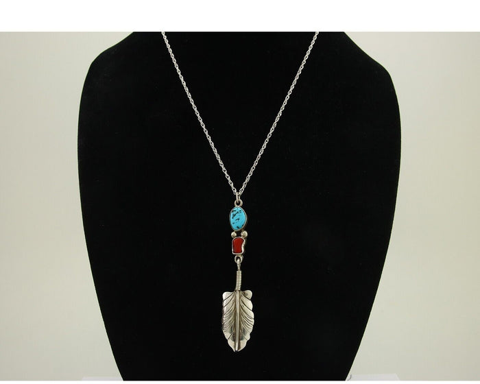Navajo Feather Necklace 925 Silver Coral & Turquoise Signed M Montoya C.80's